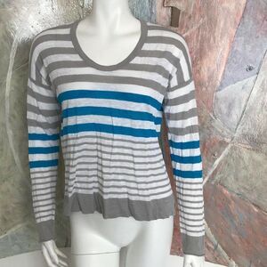 C&C California Striped Blouse Sweater Knit White Blue Grey Top R SZ Medium